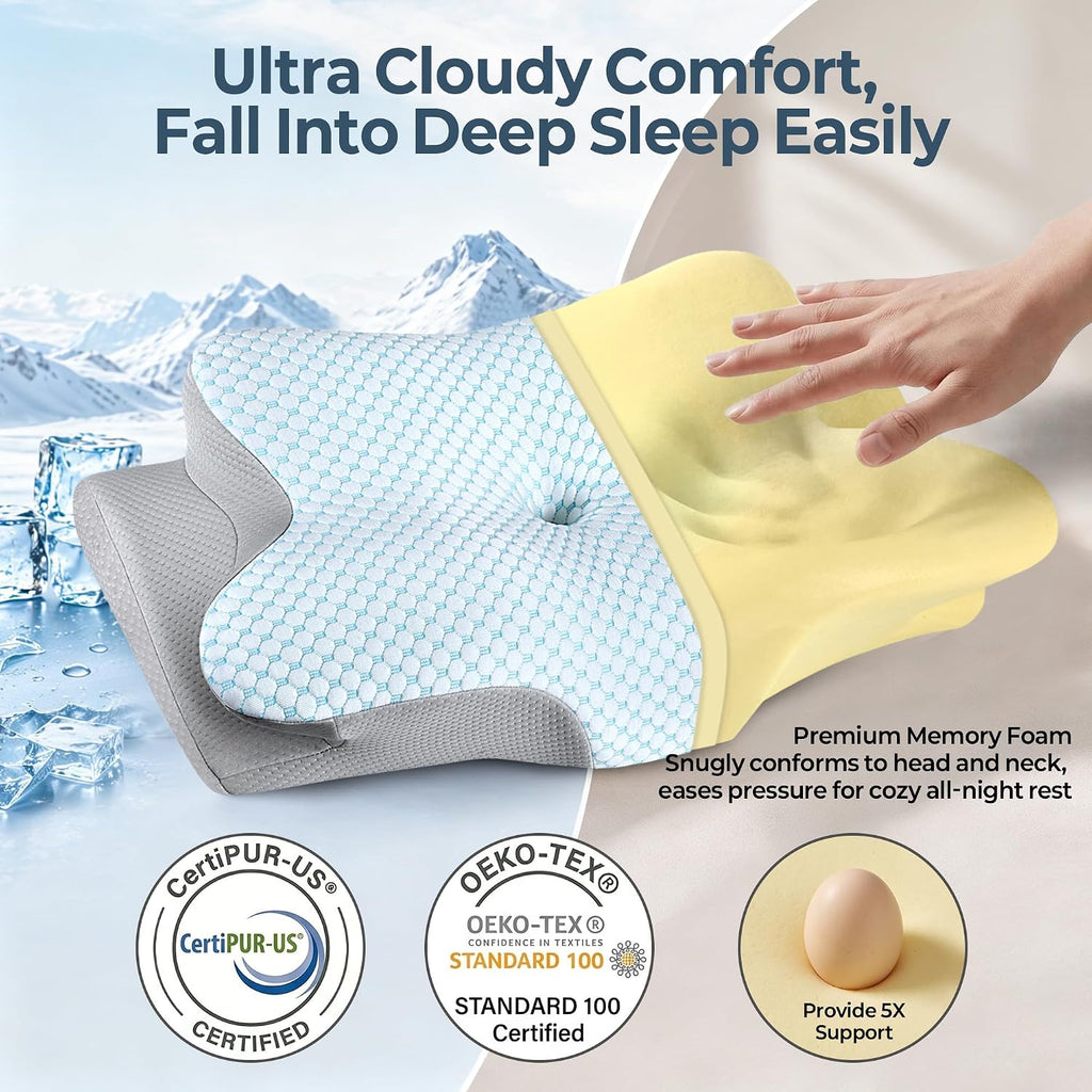 Cervical Pillow for Neck Pain Relief, Ergonomic Neck Pillow for Sleeping, Contour Side Sleeper Pillow for Neck Support, Orthopedic Cooling Memory Foam Pillows for Back Stomach Sleepers (Blue)