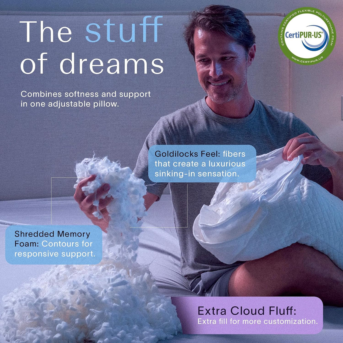 DreamyBlue Signature Adjustable Shredded Memory Foam Pillow Queen