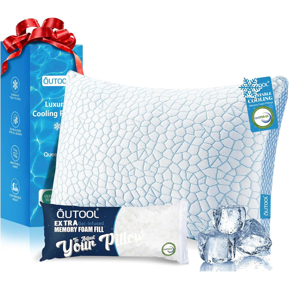 QUTOOL Cooling Pillow for Sleeping, CertiPUR-US Shredded Memory Foam Queen Pillows Set of 2, Cool Pillow for Hot Sleepers Adjustable Firm Pillow for Side, Back, Stomach Sleepers Soft Yet Support,White