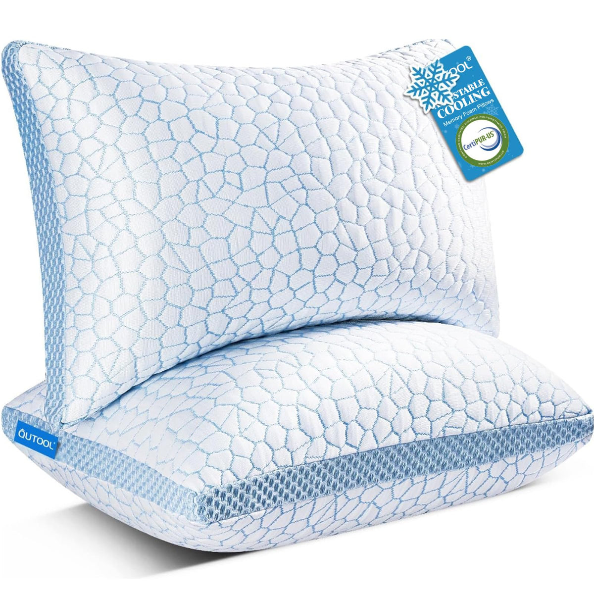 QUTOOL Cooling Pillow for Sleeping, CertiPUR-US Shredded Memory Foam Queen Pillows Set of 2, Cool Pillow for Hot Sleepers Adjustable Firm Pillow for Side, Back, Stomach Sleepers Soft Yet Support,White