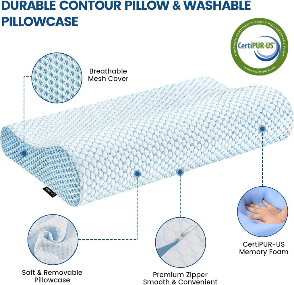 Polovo Neck Pillow Memory Foam Pillows for Sleeping, Ergonomic Cervical Pillow Neck Support Pillow Bed Pillow for Side Back Stomach Sleepers, Contour Pillow for Neck and Shoulder Pain Relief (Blue)