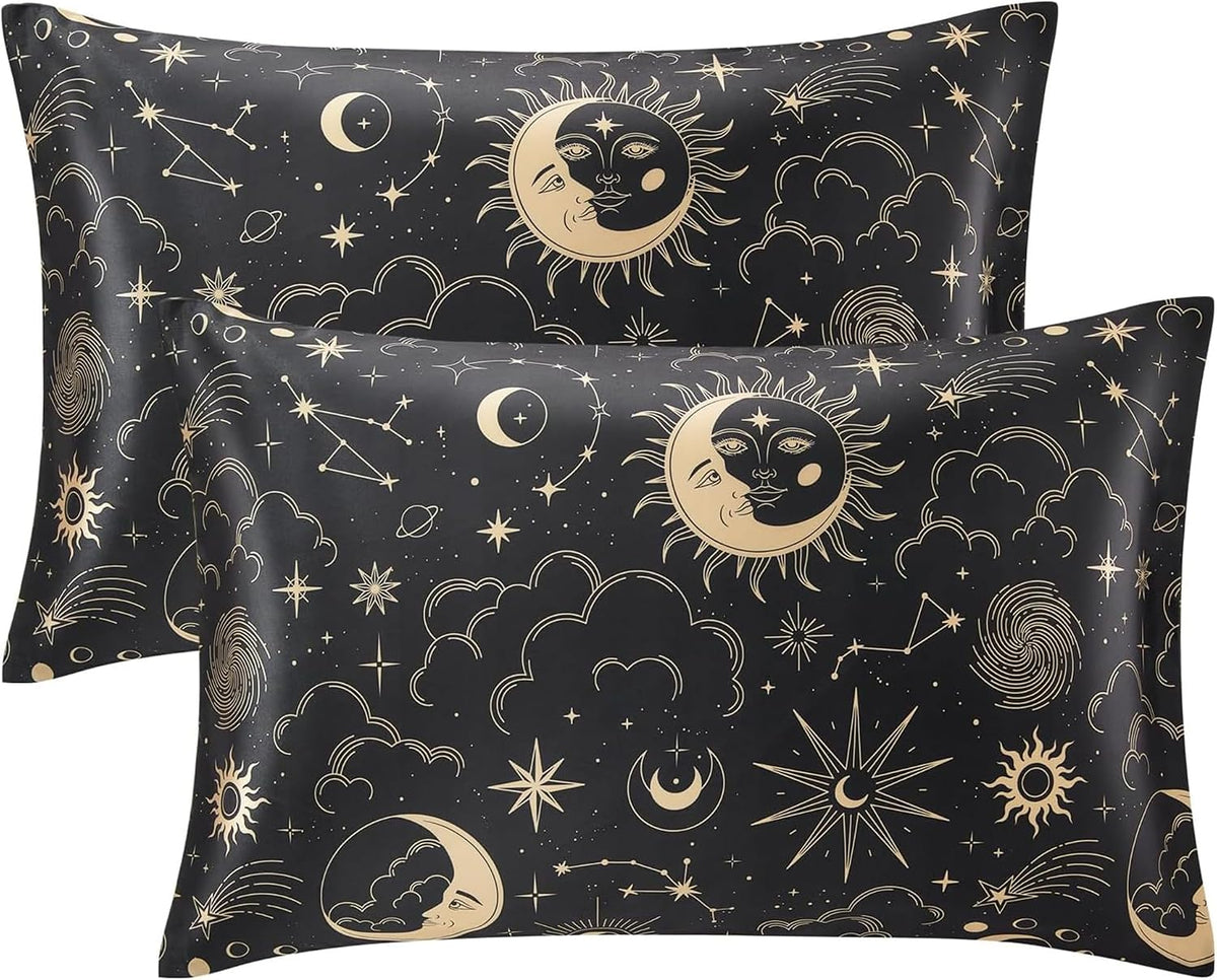 EXQ Home Satin Pillowcase for Hair and Skin Queen - Printed Black Sun