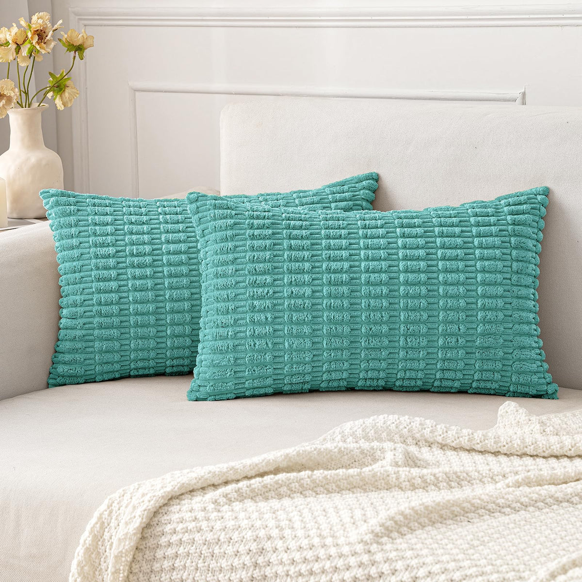 MIULEE Corduroy Decorative Throw Pillow Covers 20x20 Cream White Pack of 2