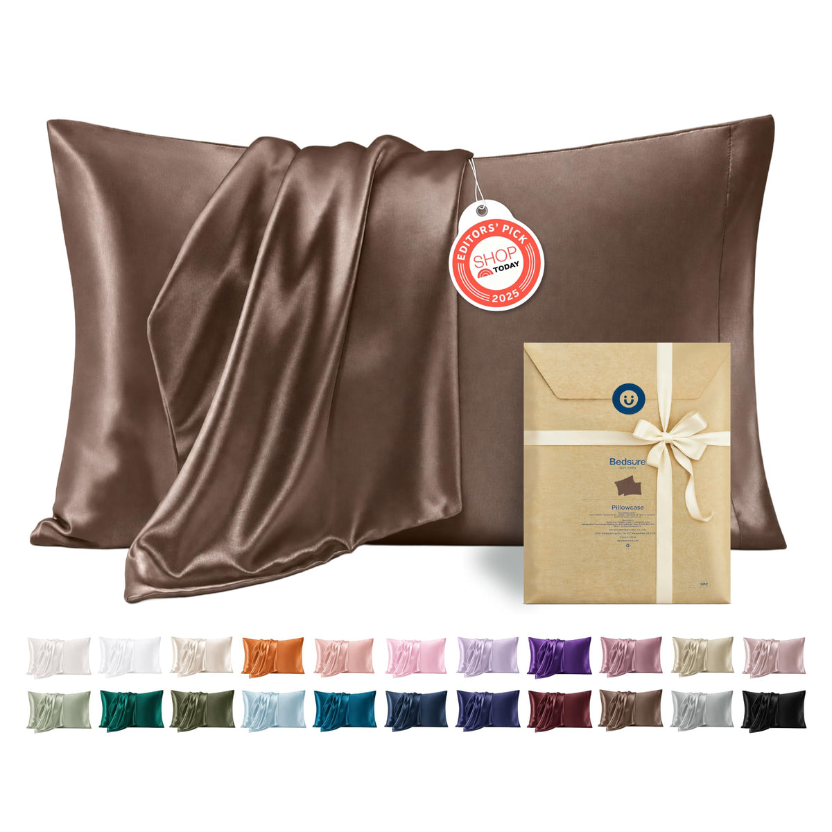 Bedsure Satin Pillowcase Standard Set of 2, Silky Pillow Cases, Beige