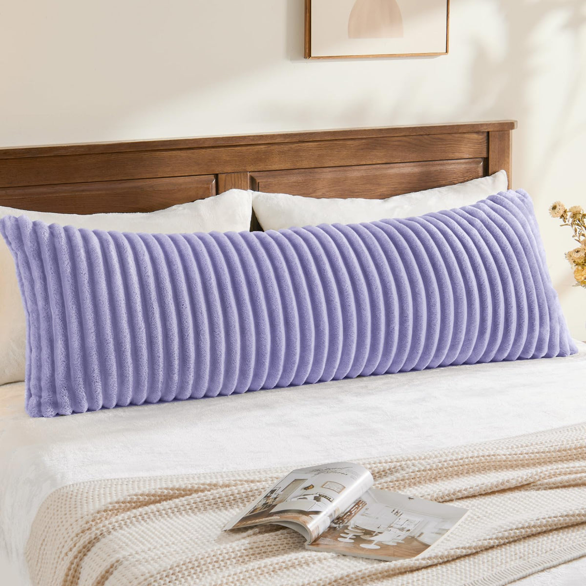 BEDELITE Fluffy Striped Body Pillow Cover with Zipper, Cream White, 20x54