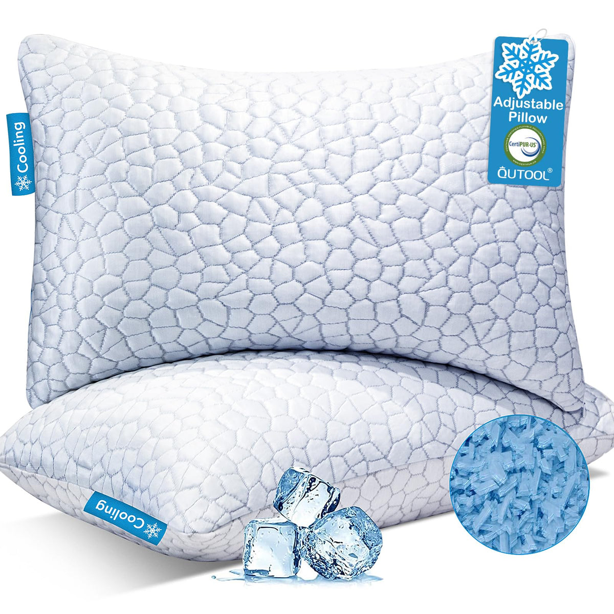 QUTOOL Cooling Pillow for Sleeping, CertiPUR-US Shredded Memory Foam Queen Pillows Set of 2, Cool Pillow for Hot Sleepers Adjustable Firm Pillow for Side, Back, Stomach Sleepers Soft Yet Support,White