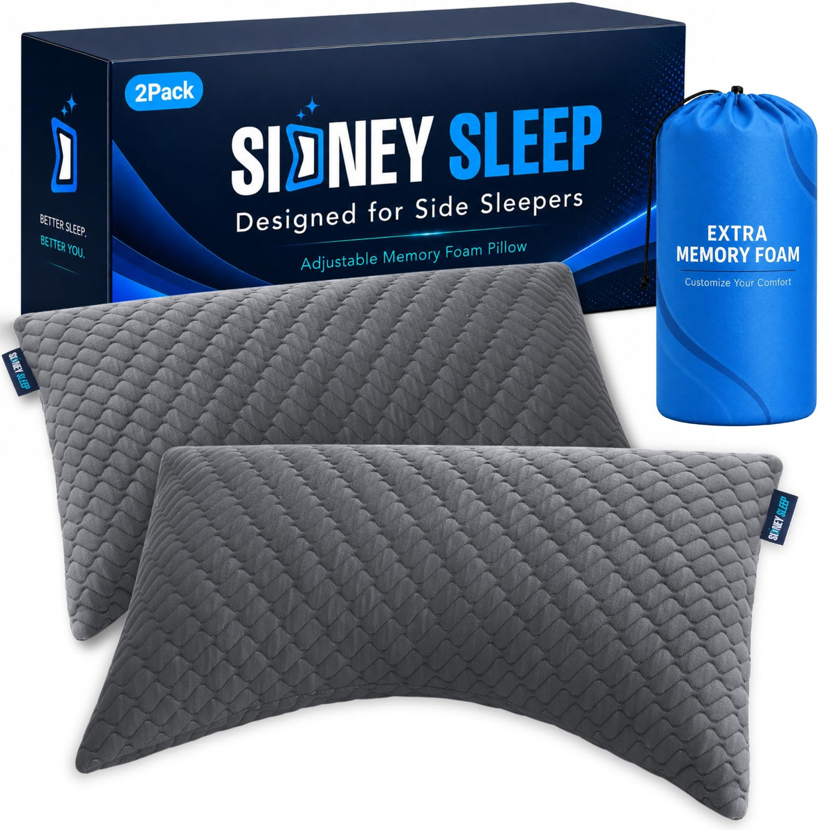 Sidney Sleep Adjustable Curved Pillows for Neck and Shoulder Support with Extra Shredded Fill - Cervical Contour Pillow for Side and Back Sleepers - Queen Size 19" x 29" CertiPUR-US Certified (White)