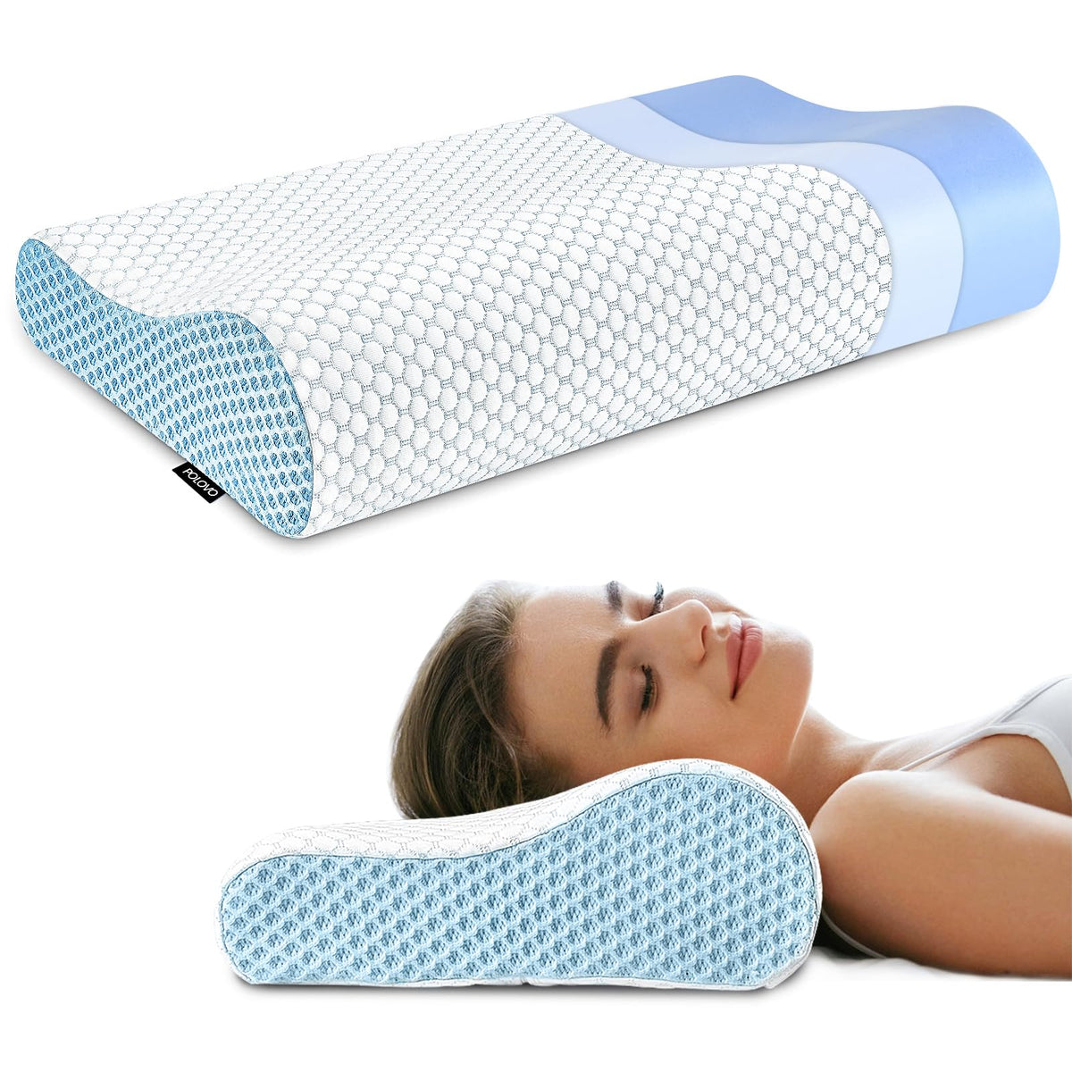 Polovo Neck Pillow Memory Foam Pillows for Sleeping, Ergonomic Cervical Pillow Neck Support Pillow Bed Pillow for Side Back Stomach Sleepers, Contour Pillow for Neck and Shoulder Pain Relief (Blue)