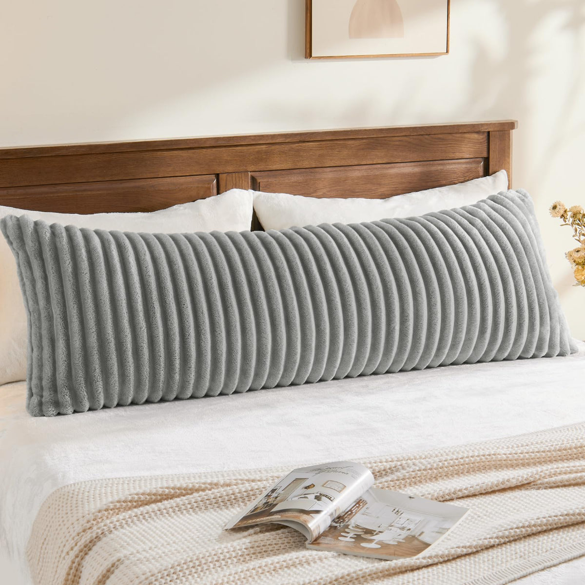 BEDELITE Fluffy Striped Body Pillow Cover with Zipper, Cream White, 20x54