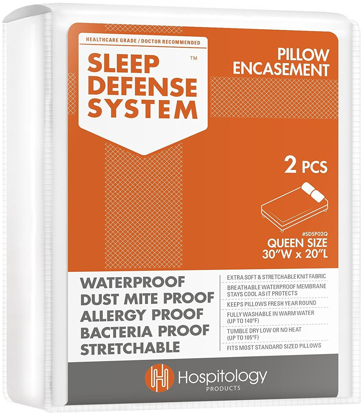 HOSPITOLOGY PRODUCTS Pillow Encasement- Zippered Bed Bug Dust Mite Proof Hypoallergenic - Sleep Defense System - Standard - Waterproof - Set of 2 - 20" H x 26" W