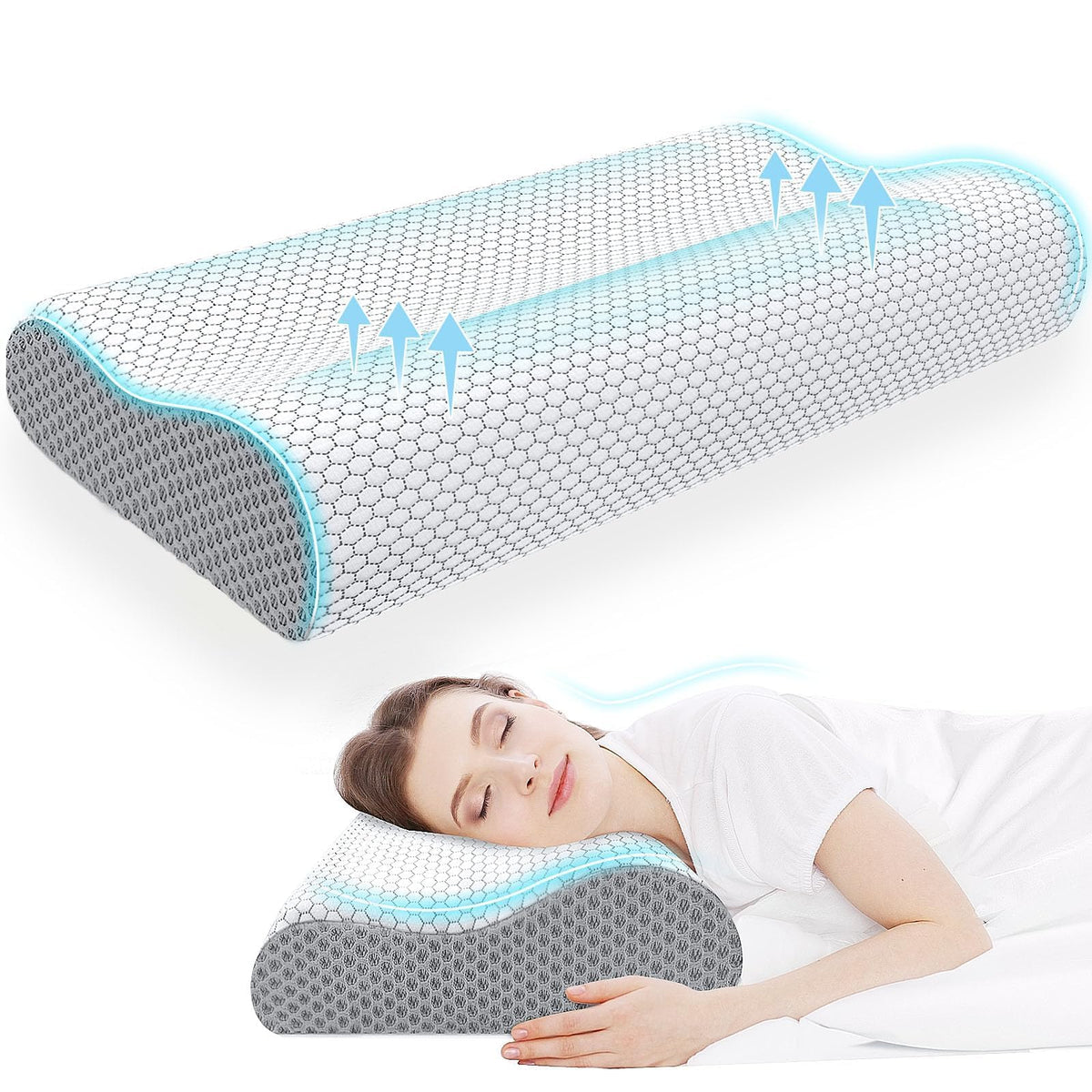 Neck Pillow for Sleeping, Ergonomic Cervical Bed Pillow, Blue Standard Size