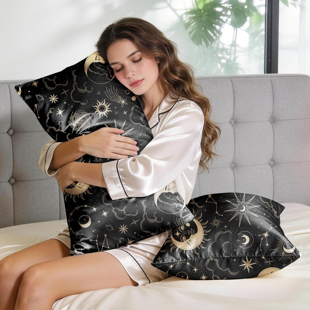 EXQ Home Satin Pillowcase for Hair and Skin Queen - Printed Black Sun