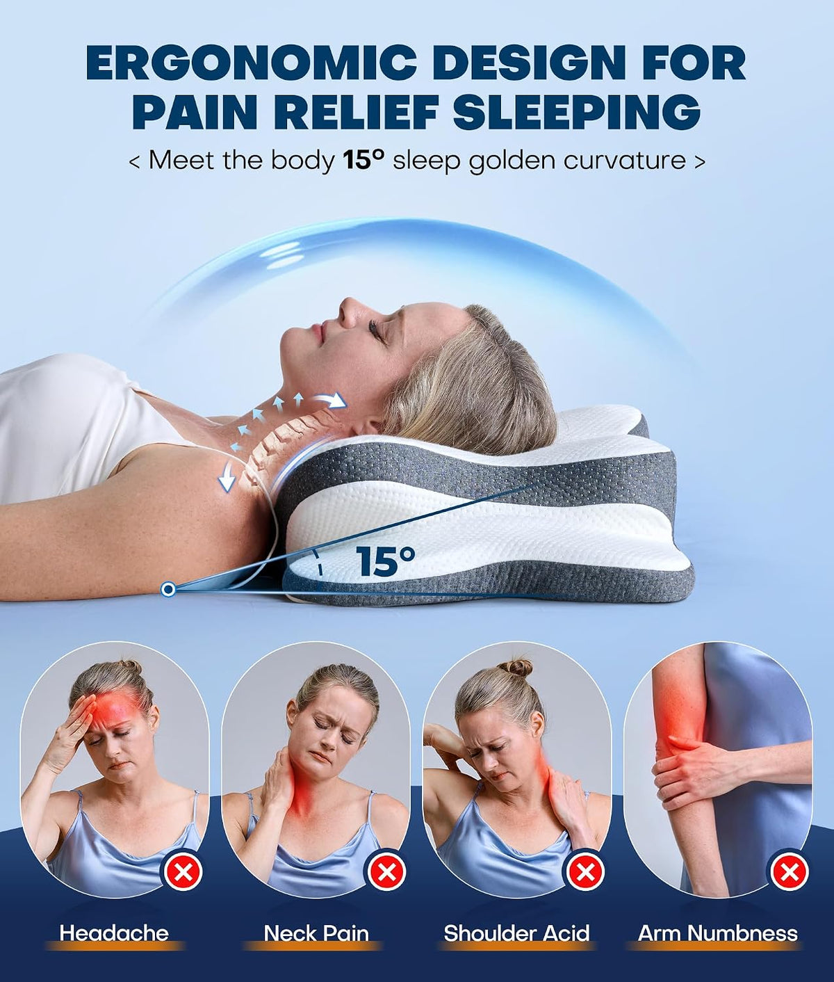 5X Pain Relief Cervical Neck Pillow for Neck Support, Ergonomic Cooling Side Sleeper Pillow for Sleeping, Odorless Contour Memory Foam Pillows, Orthopedic Bed Pillow for Side Back Stomach Sleeper