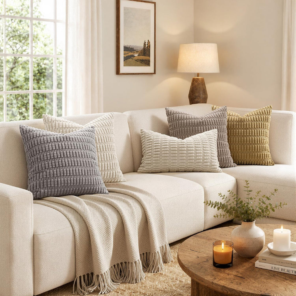 MIULEE Corduroy Decorative Throw Pillow Covers 20x20 Cream White Pack of 2