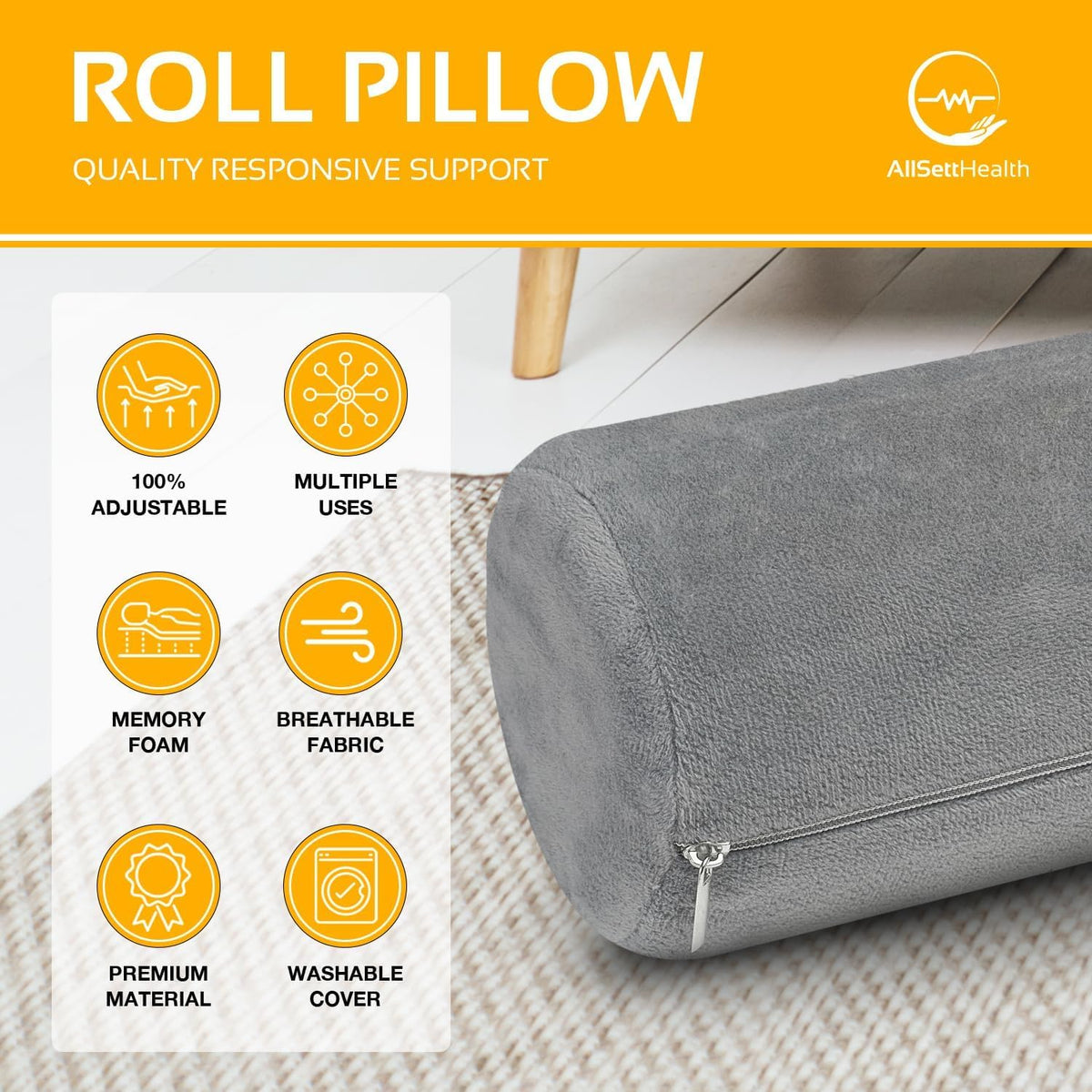 AllSett Health Firm Round Bolster Pillow - Memory Foam Cervical Neck Roll Pillow for Sleeping