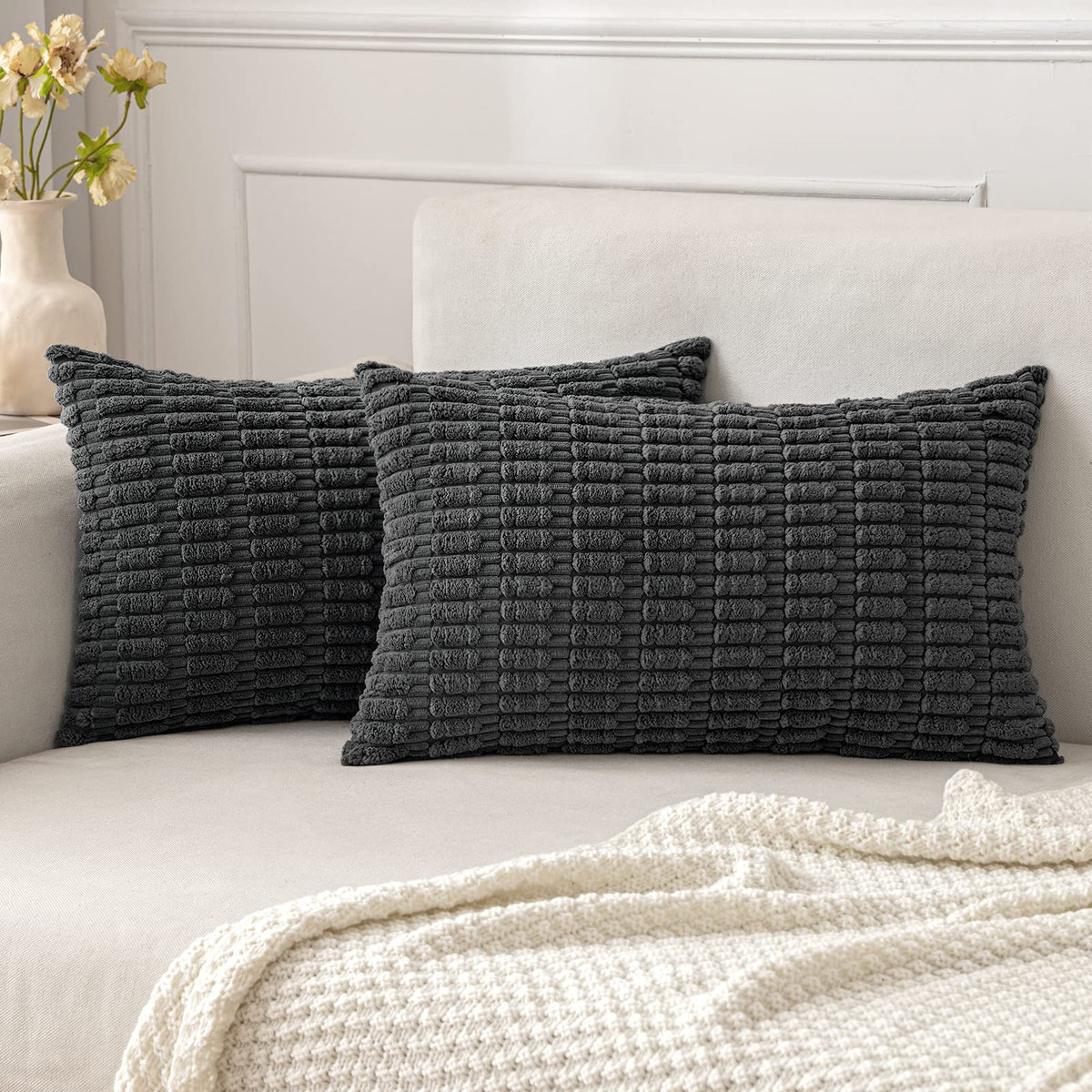 MIULEE Corduroy Decorative Throw Pillow Covers 20x20 Cream White Pack of 2