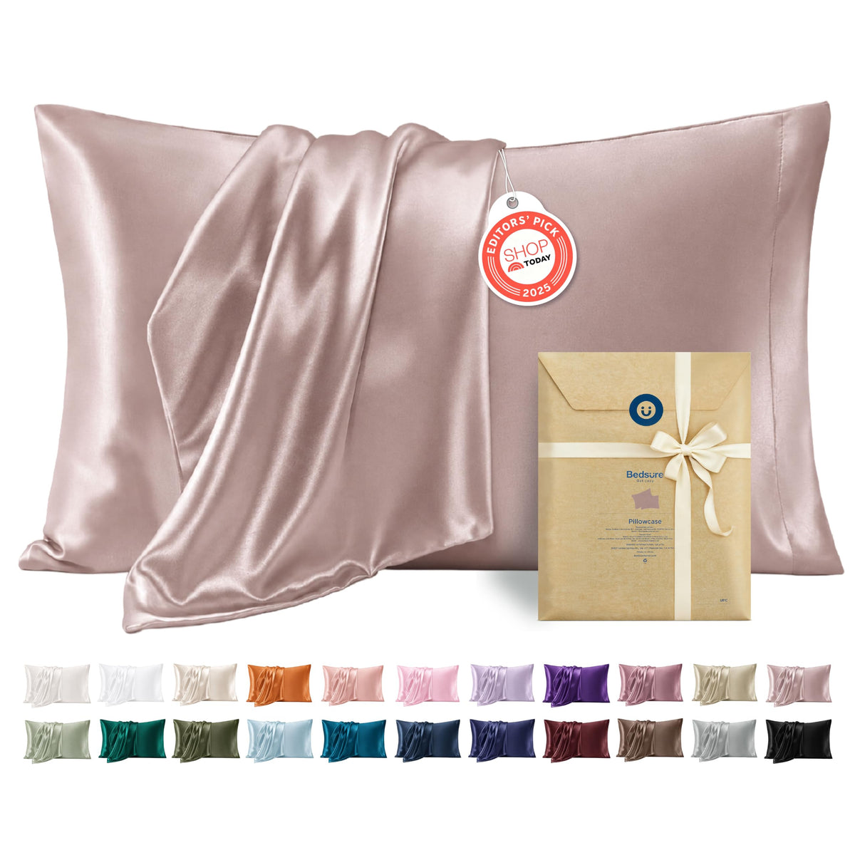 Bedsure Satin Pillowcase Standard Set of 2, Silky Pillow Cases, Beige