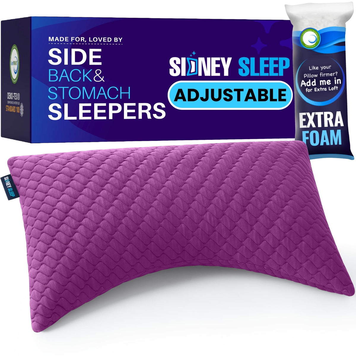 Sidney Sleep Adjustable Curved Pillows for Neck and Shoulder Support with Extra Shredded Fill - Cervical Contour Pillow for Side and Back Sleepers - Queen Size 19" x 29" CertiPUR-US Certified (White)