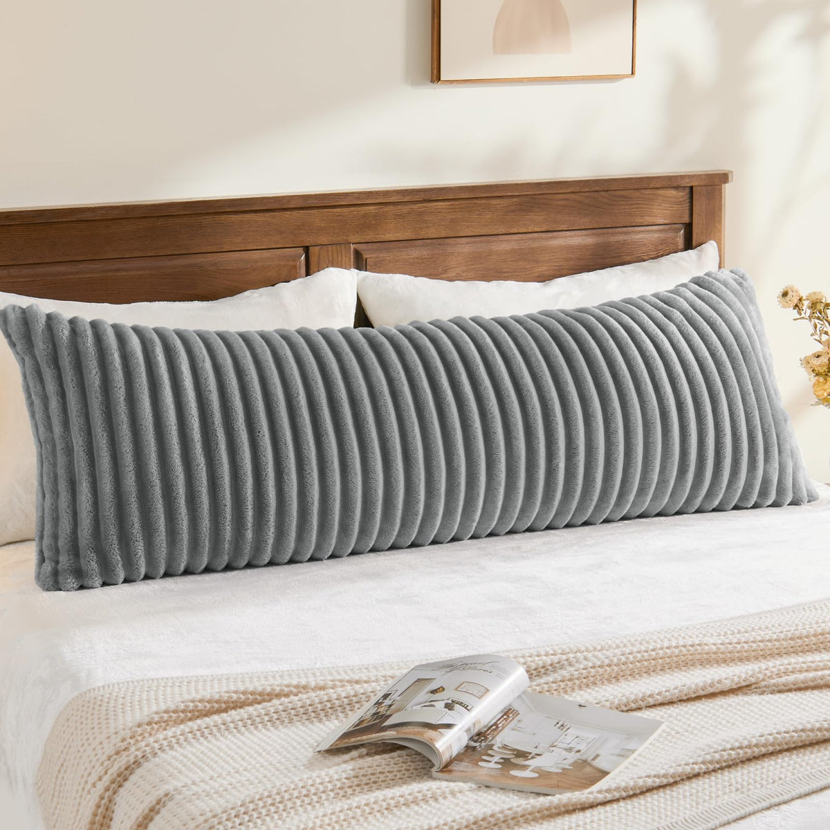 BEDELITE Fluffy Striped Body Pillow Cover with Zipper, Cream White, 20x54