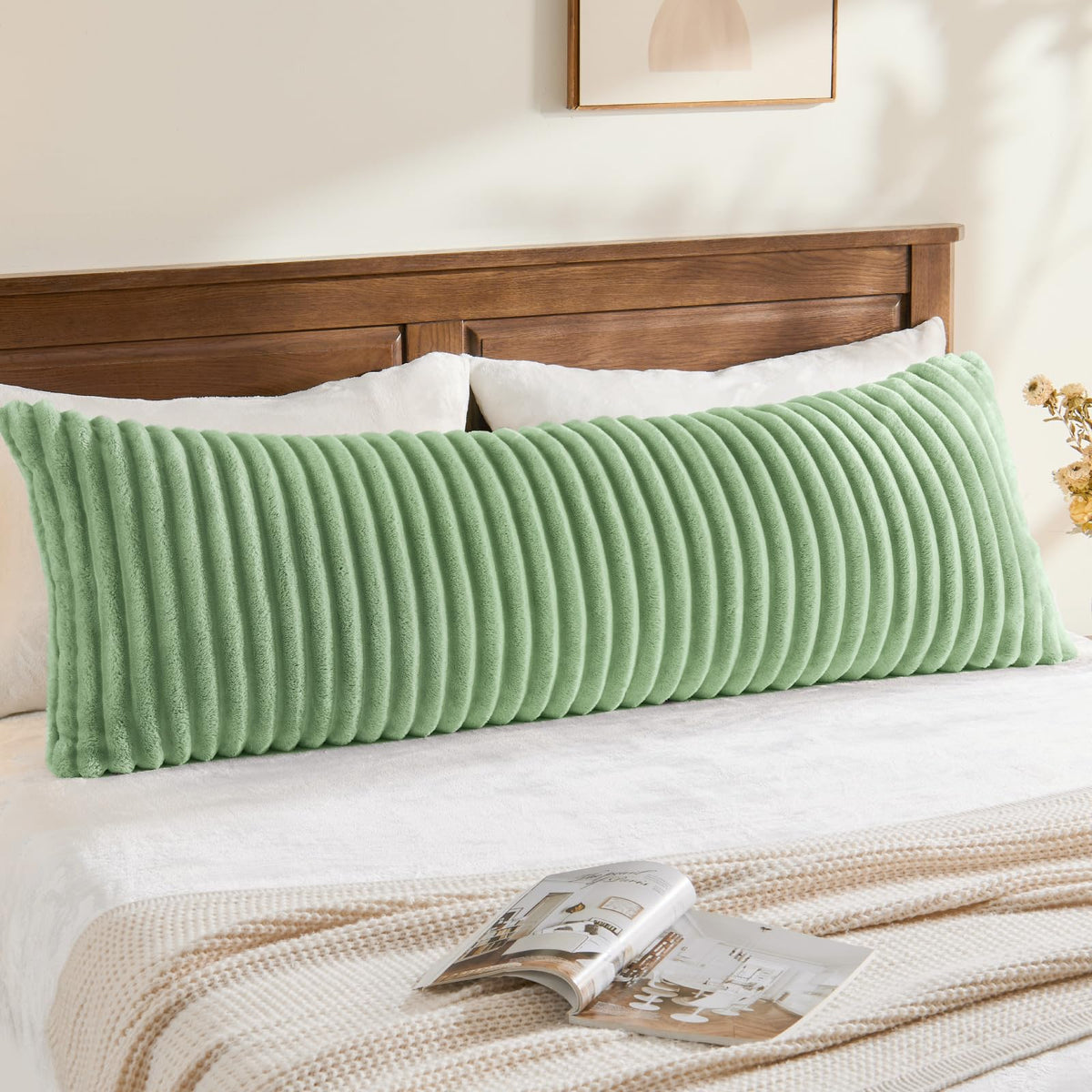 BEDELITE Fluffy Striped Body Pillow Cover with Zipper, Cream White, 20x54