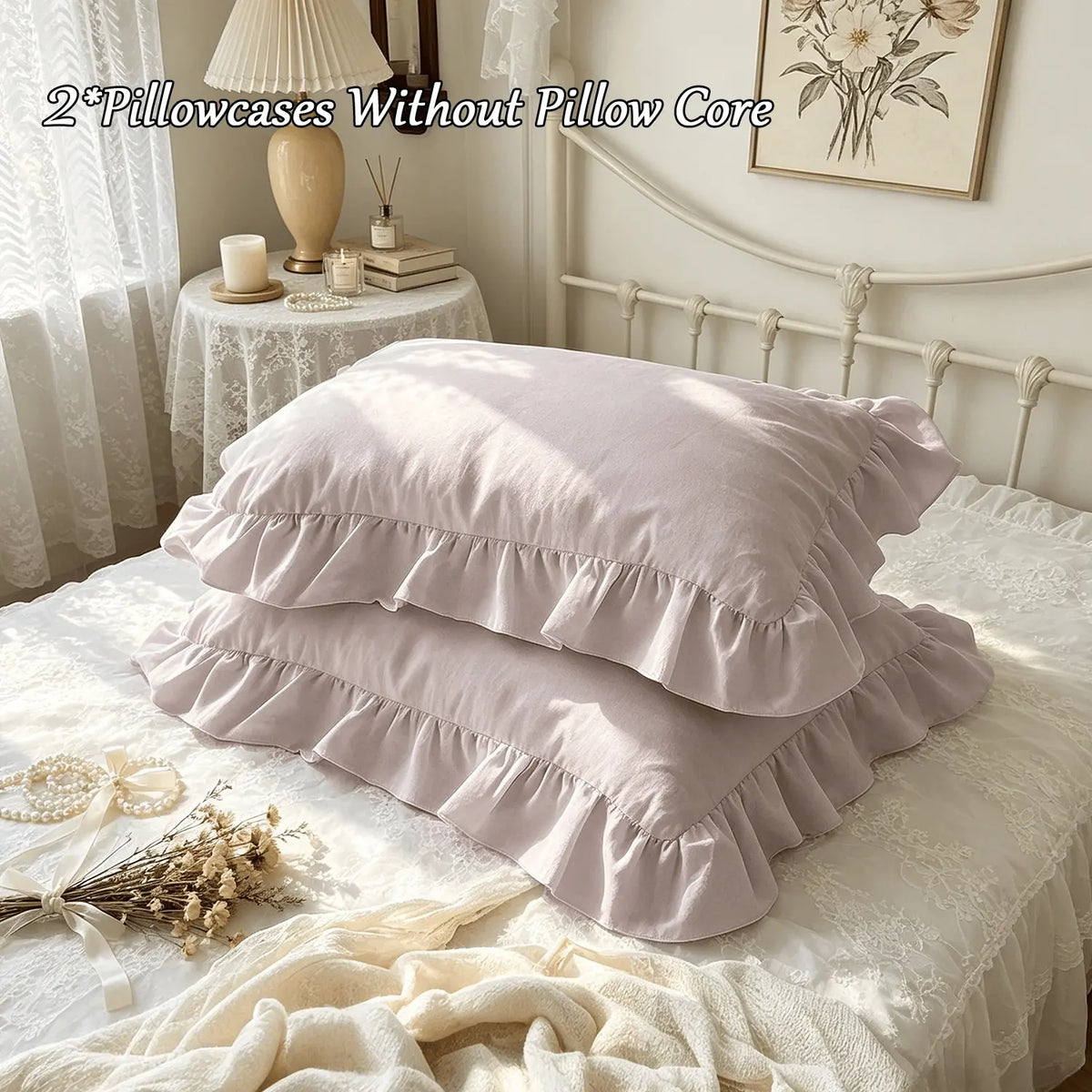 2 Piece French Vintage Ruffled Pillowcases, No pillow core Soft Comfortable Breathable Skin-Friendly, All-Season Use, Bedroom Sofa Home Decor (no Pillows)