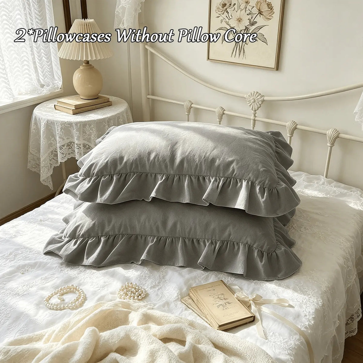 2 Piece French Vintage Ruffled Pillowcases, No pillow core Soft Comfortable Breathable Skin-Friendly, All-Season Use, Bedroom Sofa Home Decor (no Pillows)