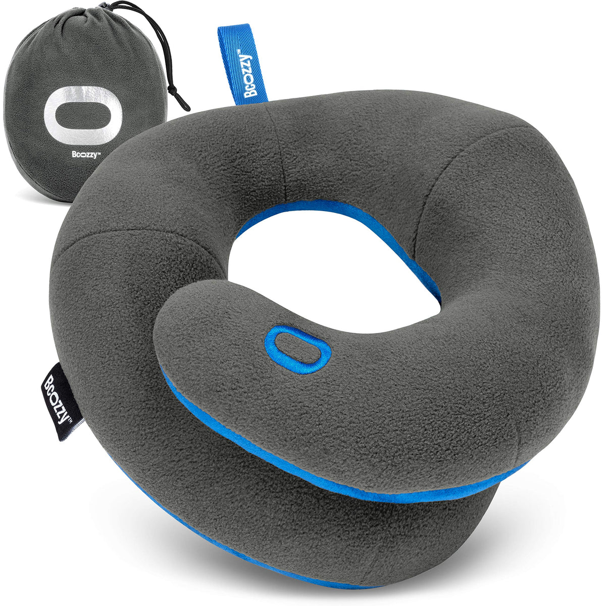 BCOZZY Travel Neck Pillow for Airplane – Patented Double Support for Head, Neck, and Chin. Best for Long Flights, Plane Sleeping, and Car Rides. Adjustable Size. Fully Washable. Carry Bag. Large, Navy