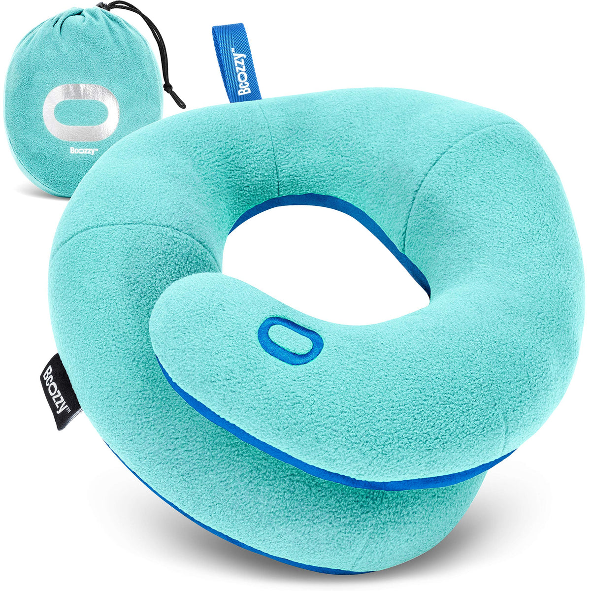 BCOZZY Travel Neck Pillow for Airplane – Patented Double Support for Head, Neck, and Chin. Best for Long Flights, Plane Sleeping, and Car Rides. Adjustable Size. Fully Washable. Carry Bag. Large, Navy