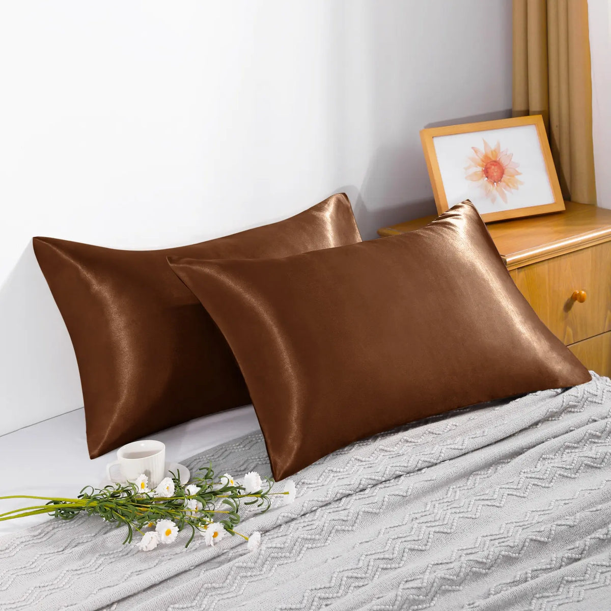 2 Silk Pillowcases - Solid Color, 51 x 102 cm & Multiple Sizes Available, Wrinkle Resistant, Fade Resistant, Durable, Glossy, Breathable, Cooling Bedding, Temperature-Regulating, Soft Comfortable Silk Fabric Pillowcases