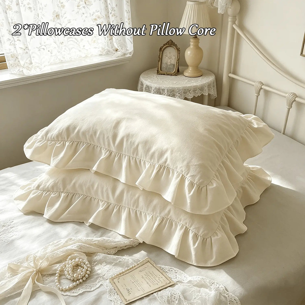 2 Piece French Vintage Ruffled Pillowcases, No pillow core Soft Comfortable Breathable Skin-Friendly, All-Season Use, Bedroom Sofa Home Decor (no Pillows)