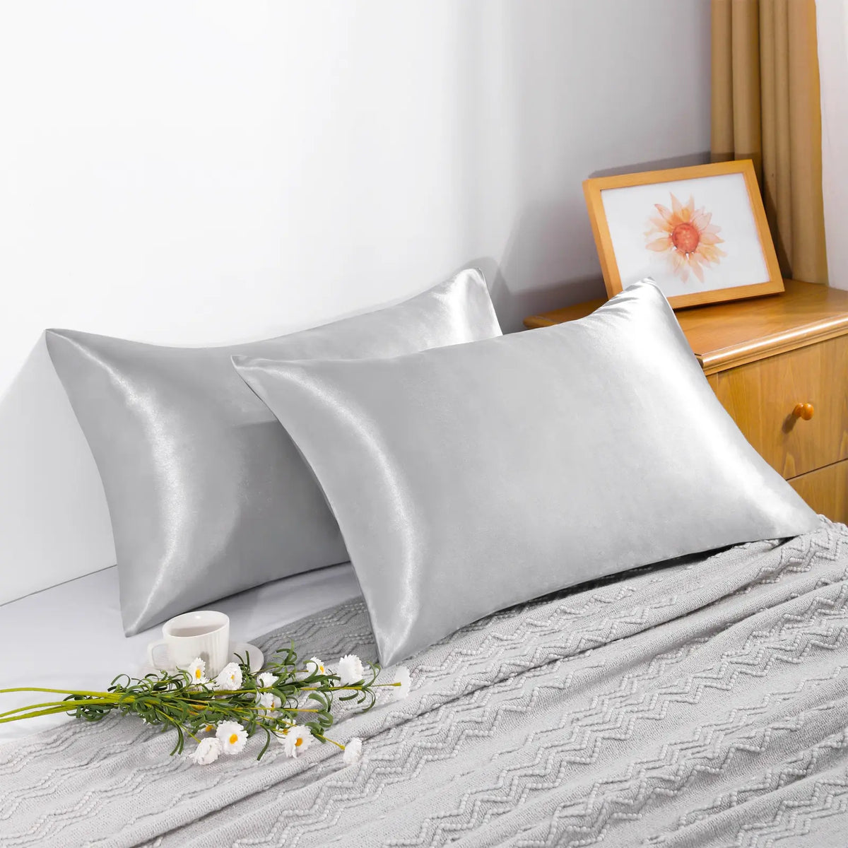 2 Silk Pillowcases - Solid Color, 51 x 102 cm & Multiple Sizes Available, Wrinkle Resistant, Fade Resistant, Durable, Glossy, Breathable, Cooling Bedding, Temperature-Regulating, Soft Comfortable Silk Fabric Pillowcases