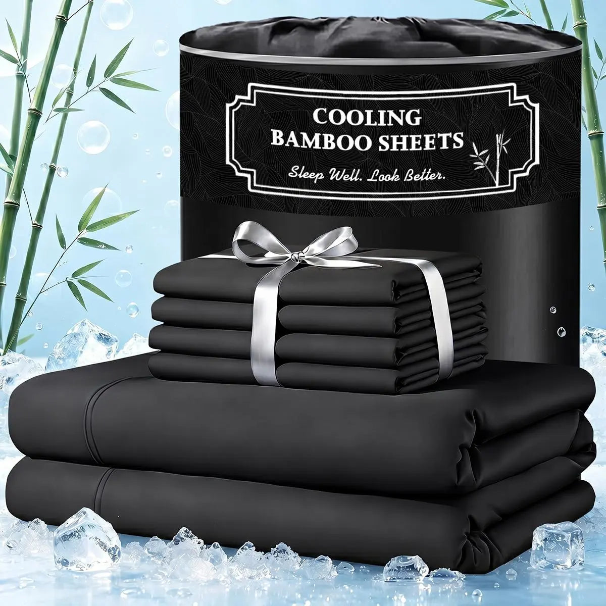 Jollyvogue Extra Deep Pocket Bamboo Sheets - 6 Pcs Breathable &Cooling for Hot Sleepers , Hotel Luxury Fitted Soft Wrinkle-Free For Extra Deep Mattresses, Room Decor, Twin/Full/Queen/King Size Pillowcase Sets
