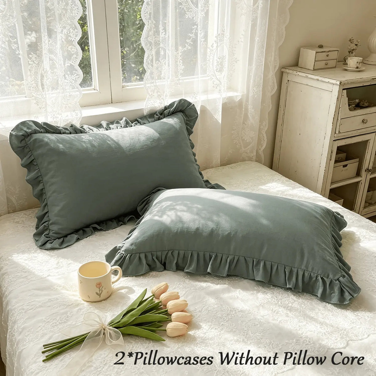 2 Piece French Vintage Ruffled Pillowcases, No pillow core Soft Comfortable Breathable Skin-Friendly, All-Season Use, Bedroom Sofa Home Decor (no Pillows)