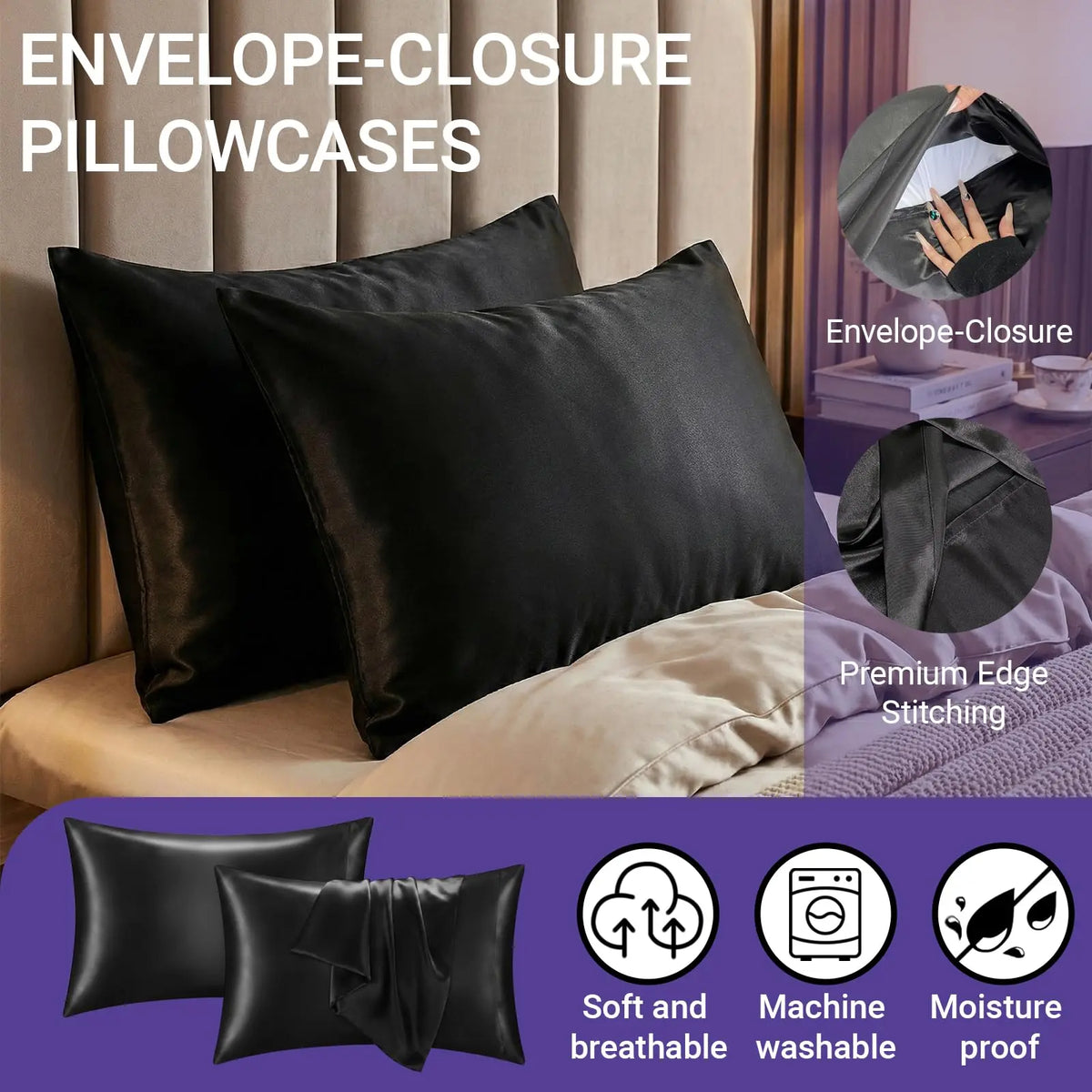 2-Pack Silk-Like Satin Cooling Pillow Cases - Queen Size 20x30in Bedding Pillow Covers with Envelope Closure, Durable Machine Washable Soft Silky Sheets Decorative Bedding for Hair and Skin