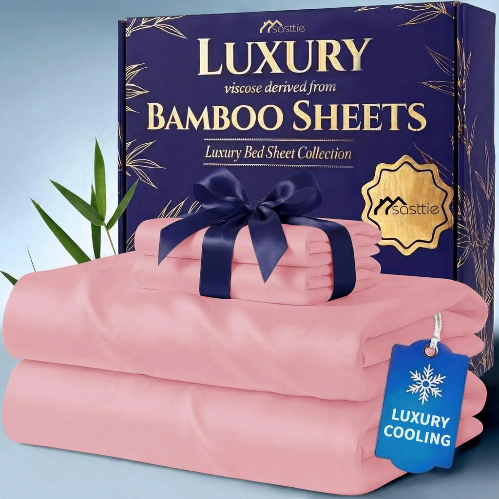 Bamboo Sheet Set with Secure Fitted Sheets - 3/4/6pcs Solid Queen Size Extra Deep Pocket, Comfy Breathable Cooling Bedding, Pillowcases, Ultra-Soft Wrinkle-Resistant, Hotel Luxury, Machine Washable for Kids' Bedrooms