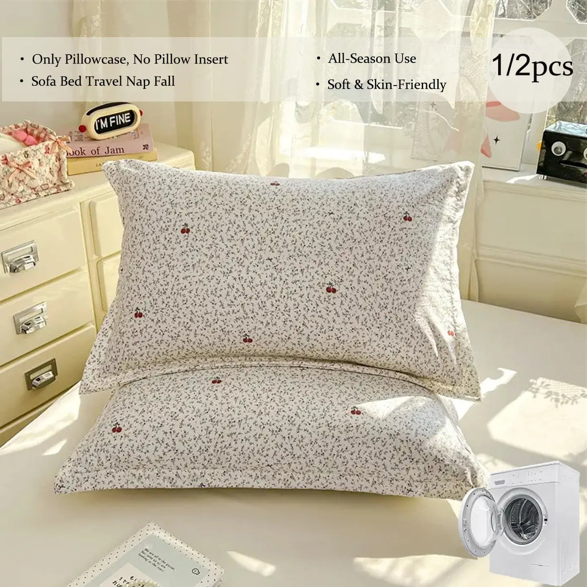 1/2Pcs Soft Skin‑Friendly Single‑Layer Pillowcases, Cloud‑Like Soft Cloud‑Cotton Feel, Floral Background With Cute Animal Motifs, Minimalist Elegant Design, Machine Washable All‑Season Bedding, Pillow Inserts Not Included, Bedding Essentials