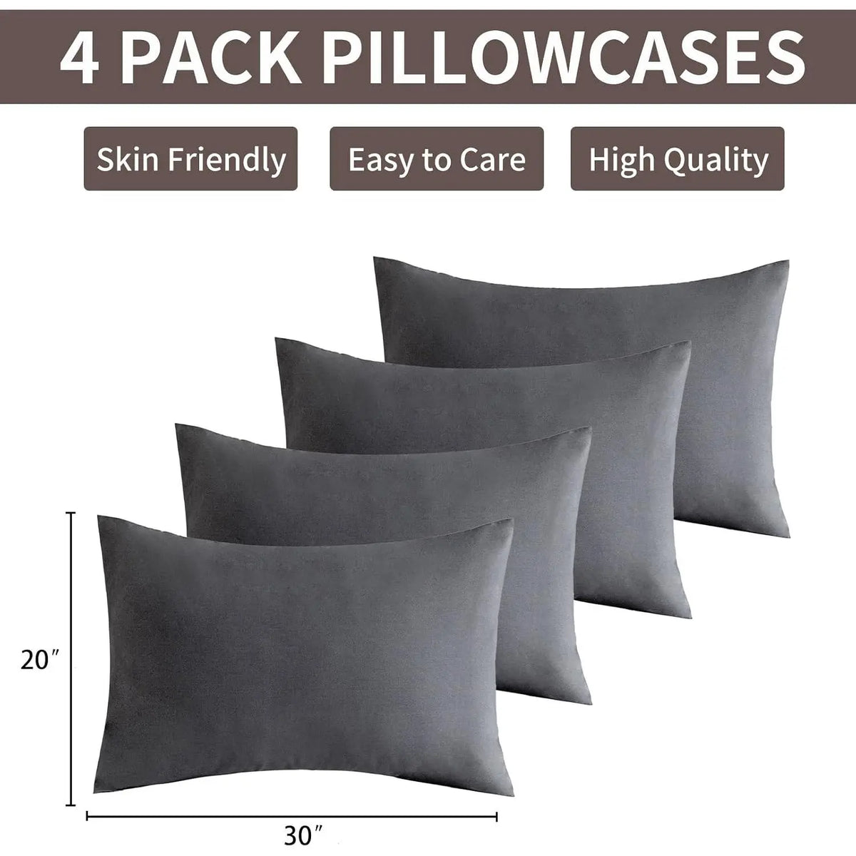 Dark Grey Pillow Cases Set of 4  Size, Envelope Design | Super Soft, Smooth, Breathable Dark Gray Pillow Cases -Microfiber, Machine Washable Lightweight (20X30 Inches (4 ))